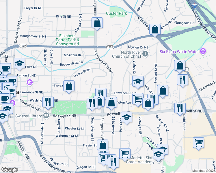 map of restaurants, bars, coffee shops, grocery stores, and more near 580 Fort Street Northeast in Marietta