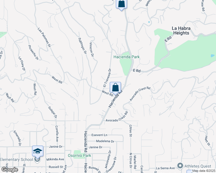 map of restaurants, bars, coffee shops, grocery stores, and more near 1623 El Travesia Drive in La Habra Heights