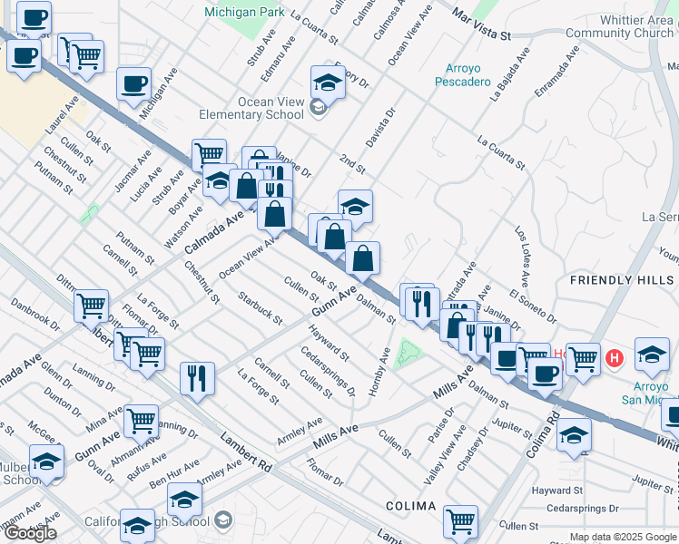 map of restaurants, bars, coffee shops, grocery stores, and more near 14426 Whittier Boulevard in Whittier