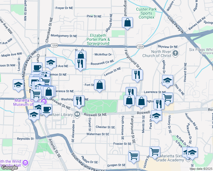 map of restaurants, bars, coffee shops, grocery stores, and more near 423 East Fort Street Northeast in Marietta