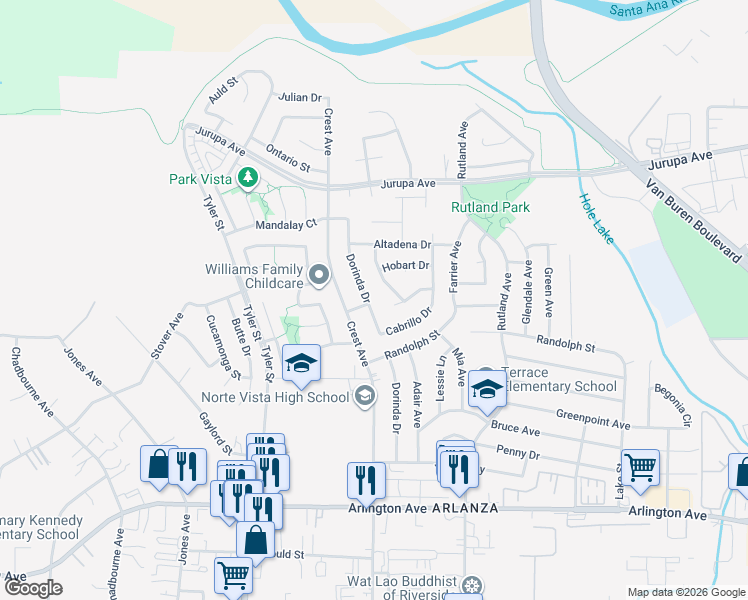 map of restaurants, bars, coffee shops, grocery stores, and more near 6800 Dorinda Drive in Riverside