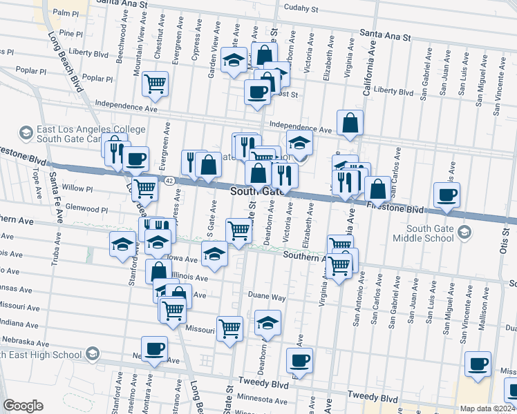map of restaurants, bars, coffee shops, grocery stores, and more near 8928 State Street in South Gate