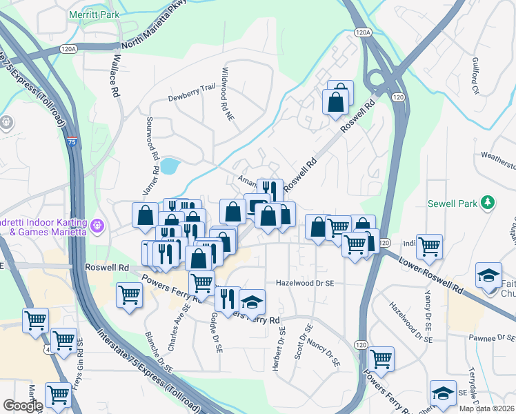 map of restaurants, bars, coffee shops, grocery stores, and more near 1625 Roswell Road in Marietta