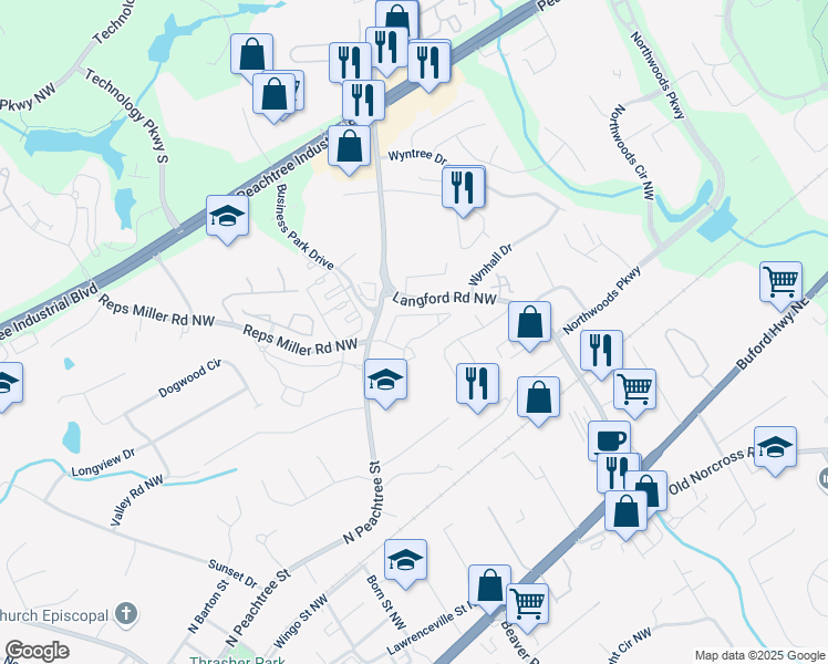 map of restaurants, bars, coffee shops, grocery stores, and more near 1107 Carroll Court Northwest in Norcross