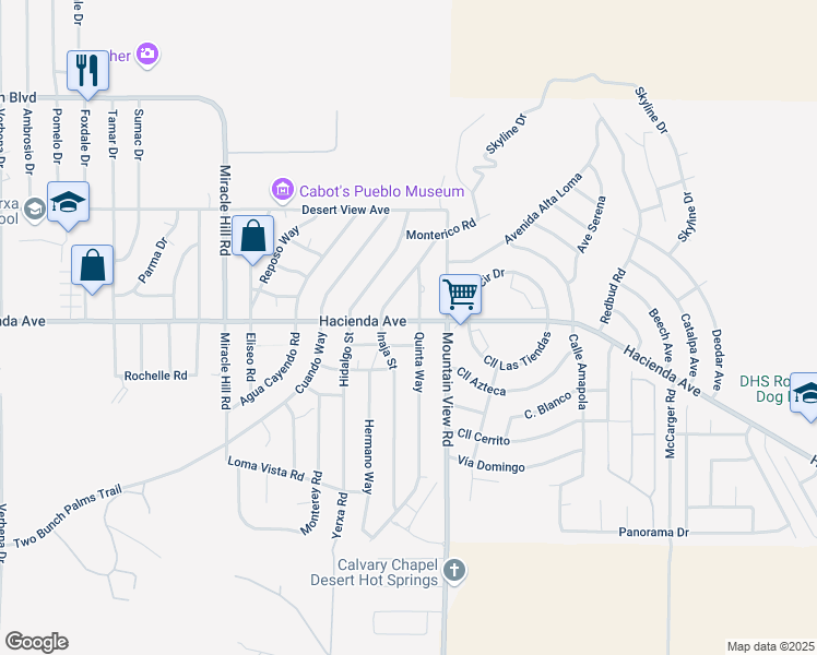 map of restaurants, bars, coffee shops, grocery stores, and more near 67883 Hacienda Avenue in Desert Hot Springs