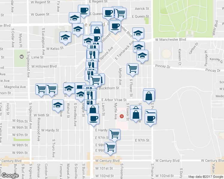 map of restaurants, bars, coffee shops, grocery stores, and more near 300 East Buckthorn Street in Inglewood