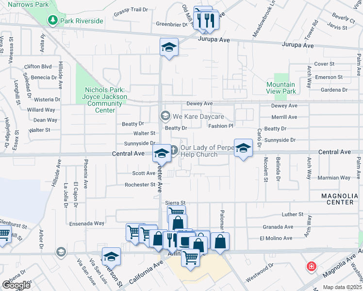 map of restaurants, bars, coffee shops, grocery stores, and more near in Riverside
