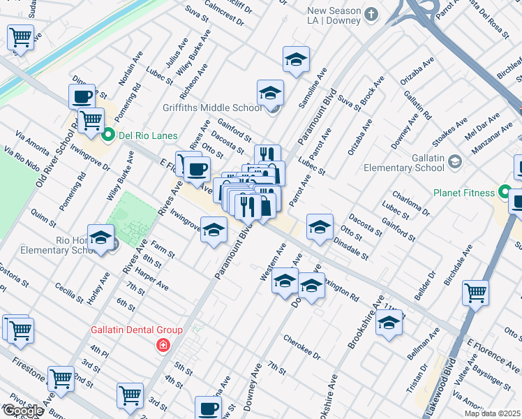 map of restaurants, bars, coffee shops, grocery stores, and more near 10032 Paramount Boulevard in Downey