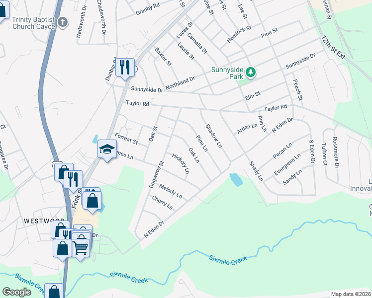 map of restaurants, bars, coffee shops, grocery stores, and more near 105 Hickory Lane in Cayce