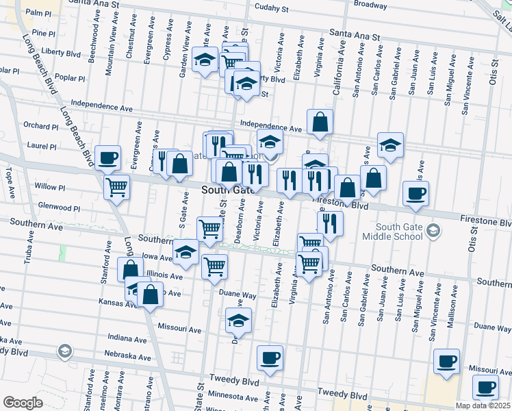 map of restaurants, bars, coffee shops, grocery stores, and more near 8925 Victoria Avenue in South Gate