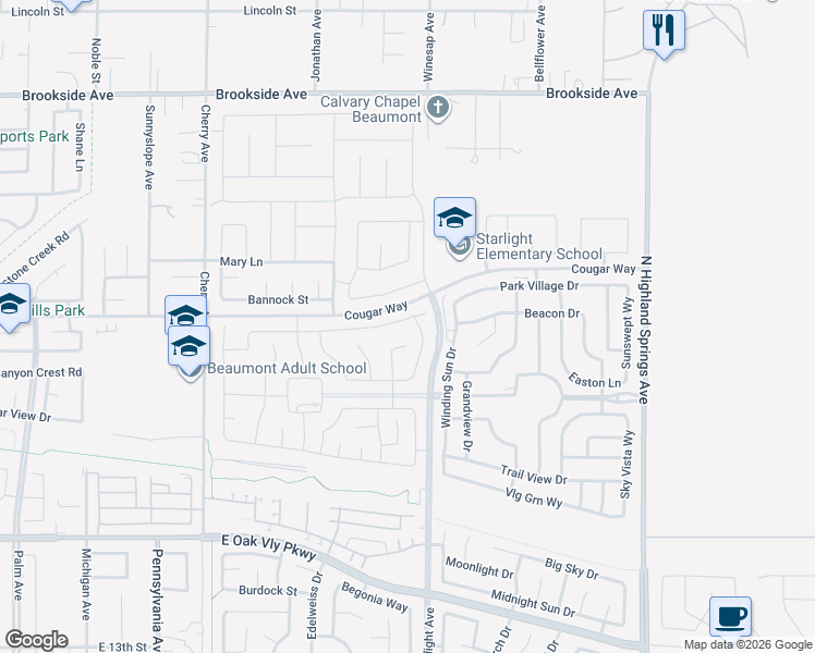 map of restaurants, bars, coffee shops, grocery stores, and more near 1475 Galaxy Drive in Beaumont