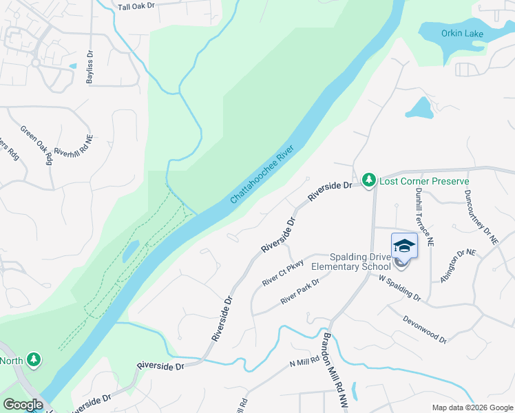 map of restaurants, bars, coffee shops, grocery stores, and more near 195 River N Dr NW in Atlanta