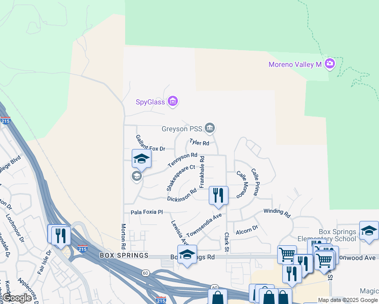 map of restaurants, bars, coffee shops, grocery stores, and more near 21340 Tennyson Road in Moreno Valley