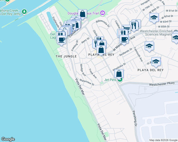 map of restaurants, bars, coffee shops, grocery stores, and more near 7349 Trask Avenue in Los Angeles