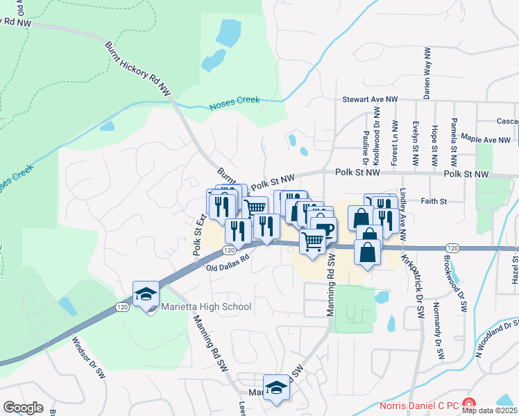 map of restaurants, bars, coffee shops, grocery stores, and more near 920 Burnt Hickory Road Northwest in Marietta