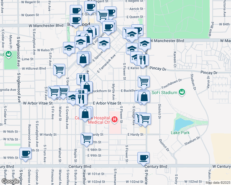 map of restaurants, bars, coffee shops, grocery stores, and more near 400 East Buckthorn Street in Inglewood