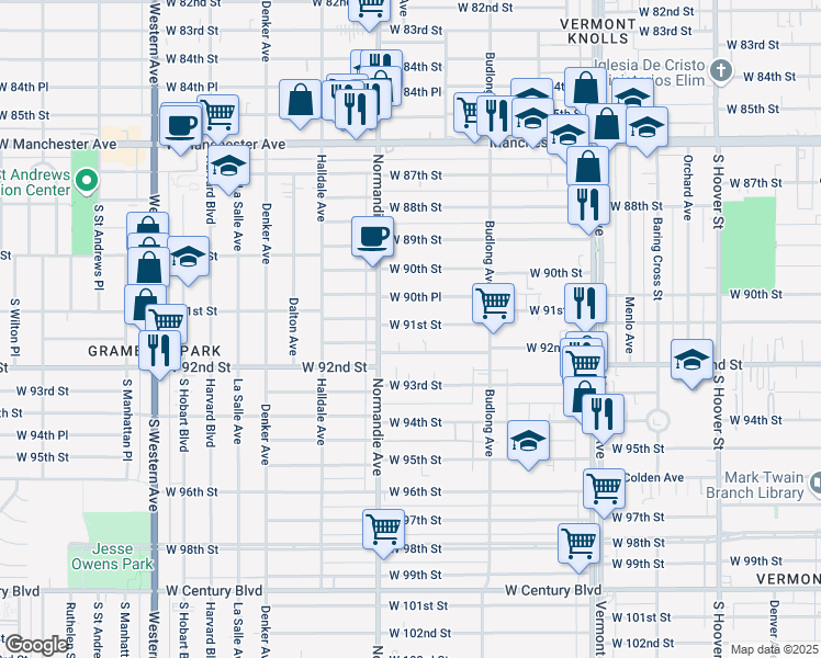 map of restaurants, bars, coffee shops, grocery stores, and more near 1324 West 91st Street in Los Angeles