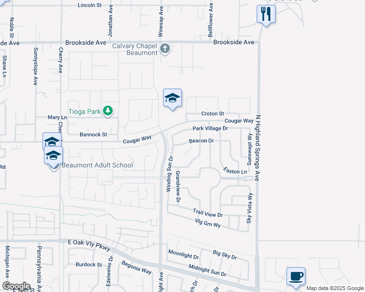 map of restaurants, bars, coffee shops, grocery stores, and more near 1523 Beacon Drive in Beaumont