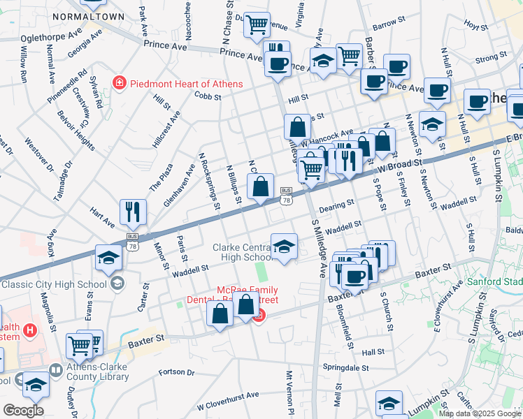 map of restaurants, bars, coffee shops, grocery stores, and more near 1125 West Broad Street in Athens