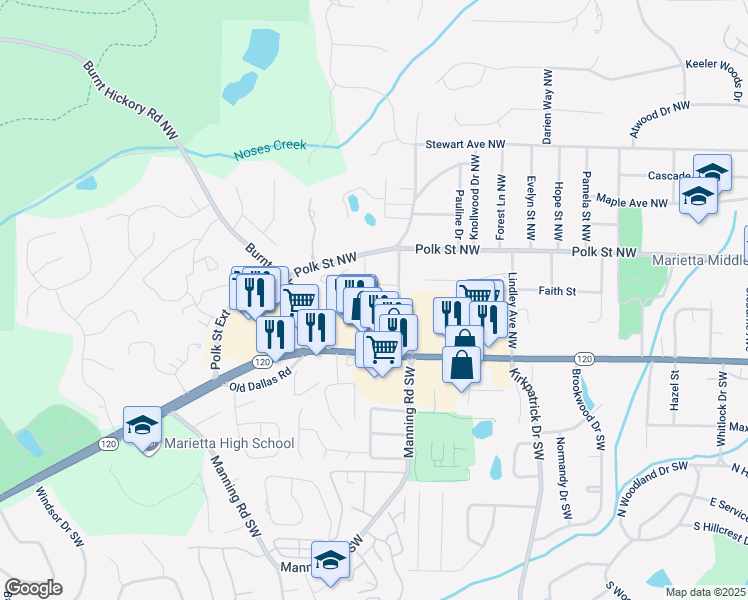 map of restaurants, bars, coffee shops, grocery stores, and more near 751 Mountain View Terrace Northwest in Marietta