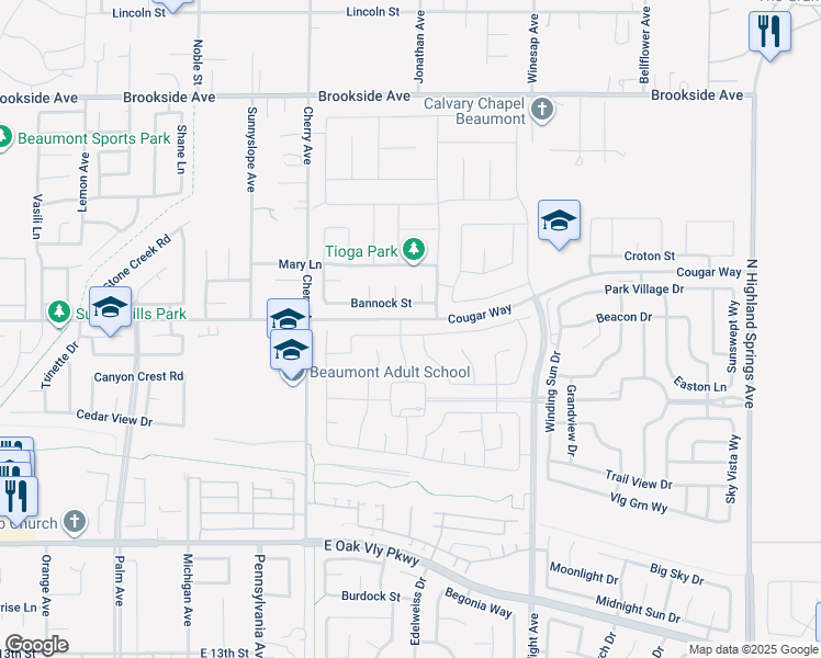 map of restaurants, bars, coffee shops, grocery stores, and more near 1376 Galaxy Drive in Beaumont
