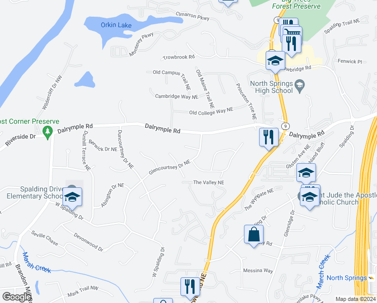 map of restaurants, bars, coffee shops, grocery stores, and more near 455 Grenock Circle Northeast in Atlanta