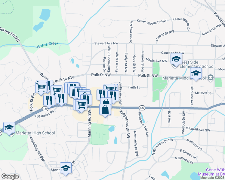 map of restaurants, bars, coffee shops, grocery stores, and more near 85 Applewood Court in Marietta