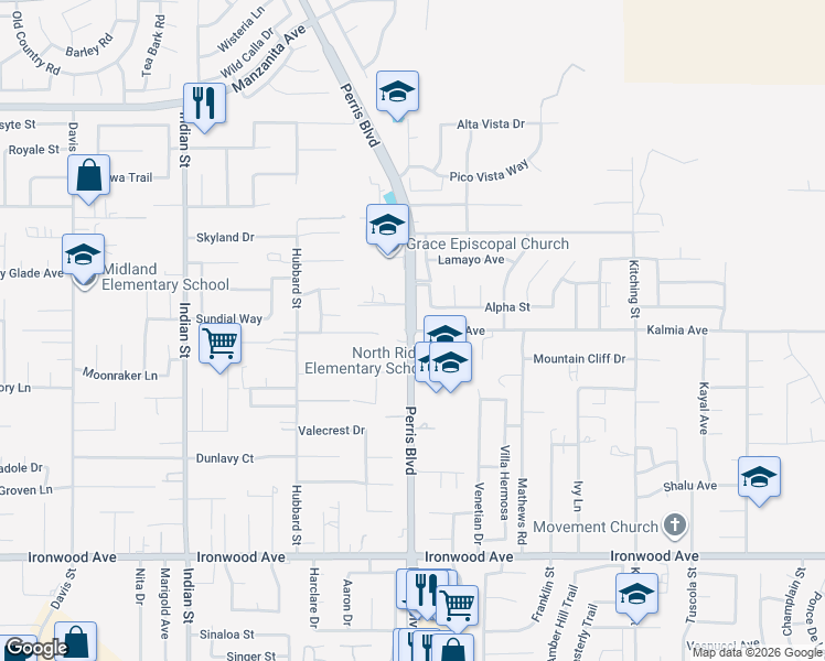 map of restaurants, bars, coffee shops, grocery stores, and more near 25000 Kalmia Avenue in Moreno Valley