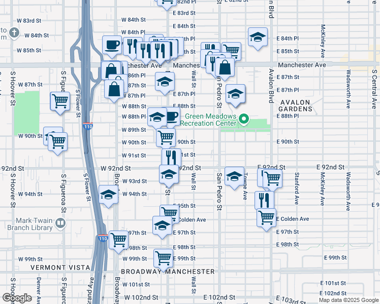 map of restaurants, bars, coffee shops, grocery stores, and more near 151 East 91st Street in Los Angeles