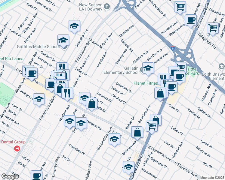 map of restaurants, bars, coffee shops, grocery stores, and more near 8344 Lubec Street in Downey