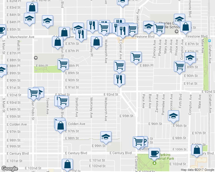 map of restaurants, bars, coffee shops, grocery stores, and more near 903 East 91st Street in Los Angeles