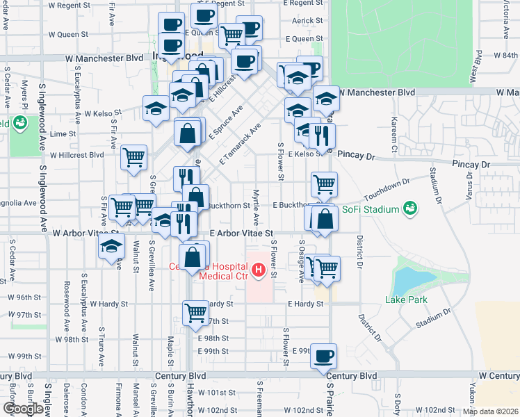 map of restaurants, bars, coffee shops, grocery stores, and more near 400 East Buckthorn Street in Inglewood
