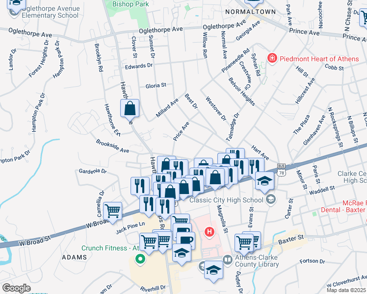 map of restaurants, bars, coffee shops, grocery stores, and more near 377 Price Avenue in Athens