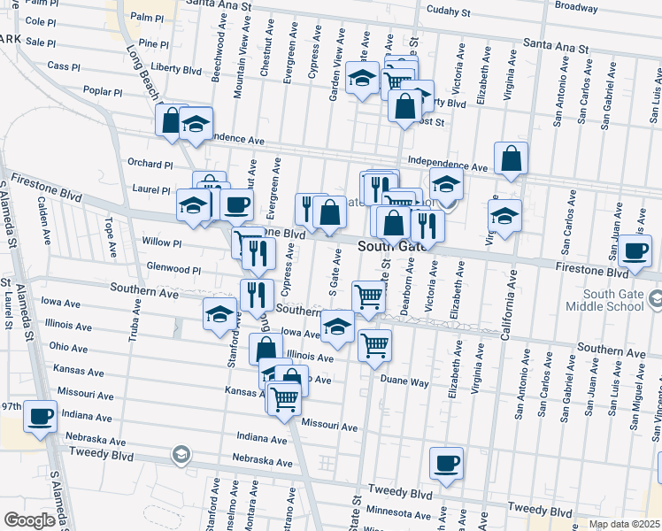 map of restaurants, bars, coffee shops, grocery stores, and more near 8937 South Gate Avenue in South Gate