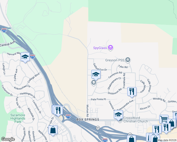 map of restaurants, bars, coffee shops, grocery stores, and more near 21005 Lord Murphy Court in Moreno Valley