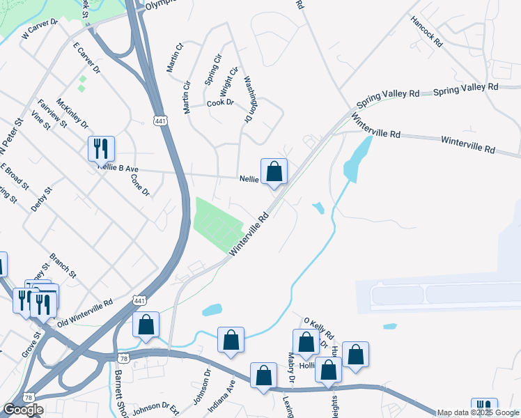 map of restaurants, bars, coffee shops, grocery stores, and more near 937 Winterville Road in Athens