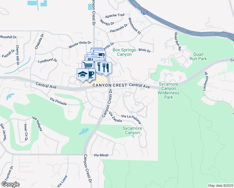 map of restaurants, bars, coffee shops, grocery stores, and more near 832 Vía Mesa Verde in Riverside