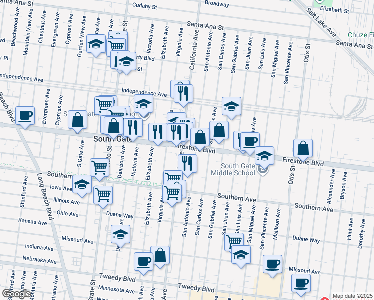 map of restaurants, bars, coffee shops, grocery stores, and more near 3504 Firestone Boulevard in South Gate