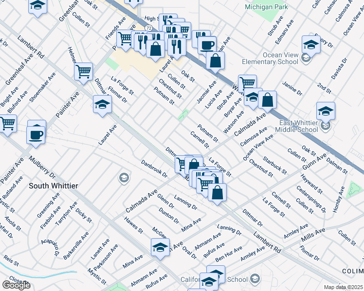 map of restaurants, bars, coffee shops, grocery stores, and more near 13939 Flomar Drive in Whittier