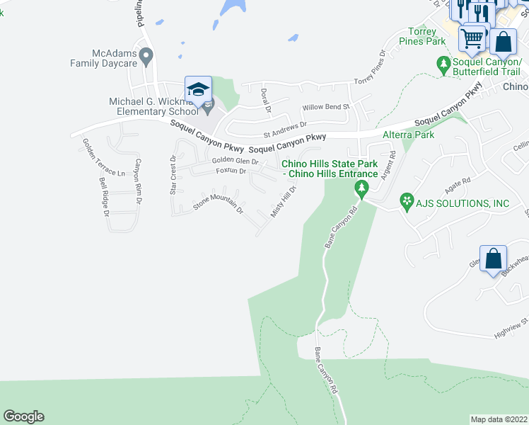 map of restaurants, bars, coffee shops, grocery stores, and more near 4380 Jasmine Hill Court in Chino Hills