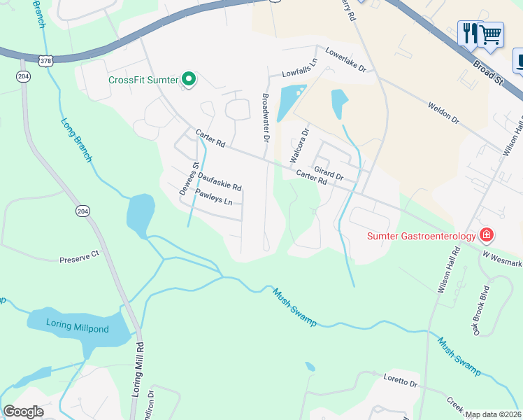 map of restaurants, bars, coffee shops, grocery stores, and more near 1160 Boardwalk in Sumter