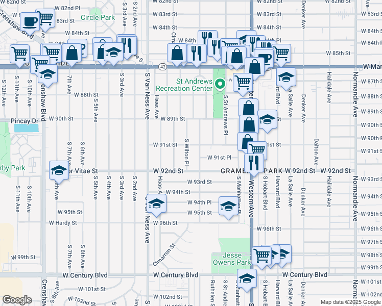 map of restaurants, bars, coffee shops, grocery stores, and more near 9116 South Wilton Place in Los Angeles
