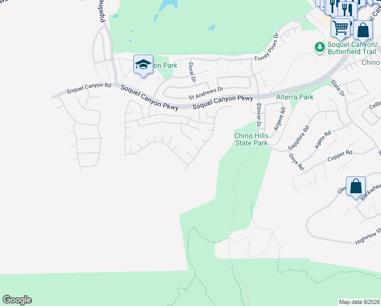 map of restaurants, bars, coffee shops, grocery stores, and more near 4388 Jasmine Hill Court in Chino Hills