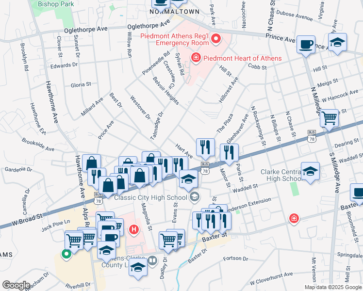 map of restaurants, bars, coffee shops, grocery stores, and more near 160 Hart Avenue in Athens