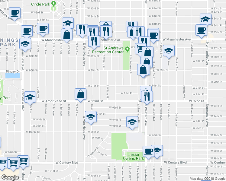 map of restaurants, bars, coffee shops, grocery stores, and more near 9117 South Gramercy Place in Los Angeles
