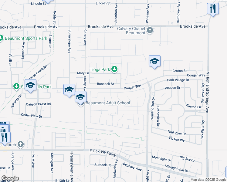 map of restaurants, bars, coffee shops, grocery stores, and more near 1376 Galaxy Drive in Beaumont