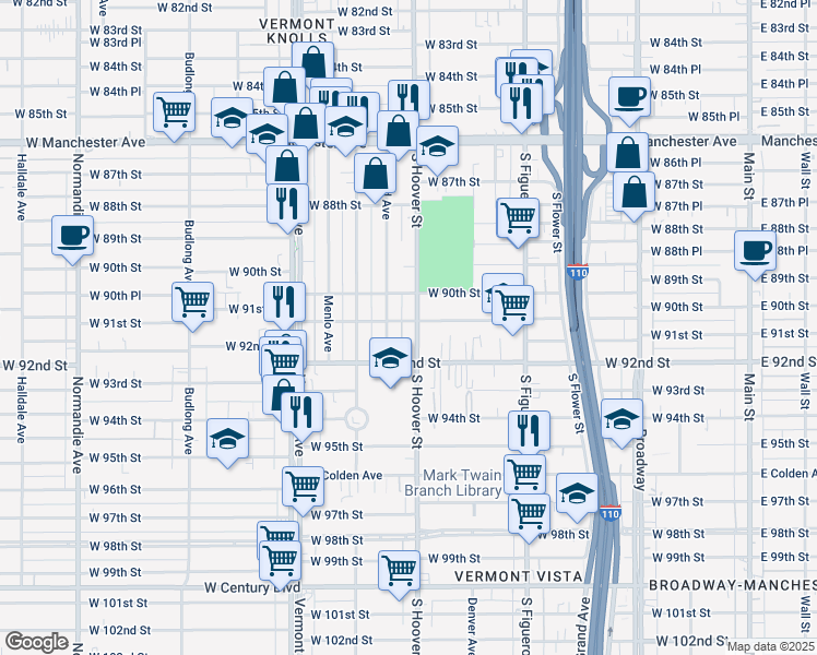 map of restaurants, bars, coffee shops, grocery stores, and more near 706 West 91st Street in Los Angeles