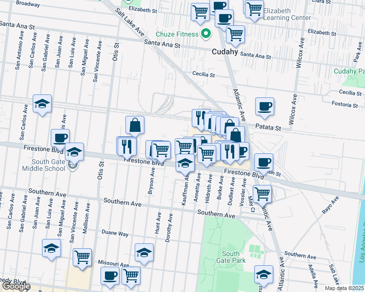 map of restaurants, bars, coffee shops, grocery stores, and more near 4559 Firestone Boulevard in South Gate