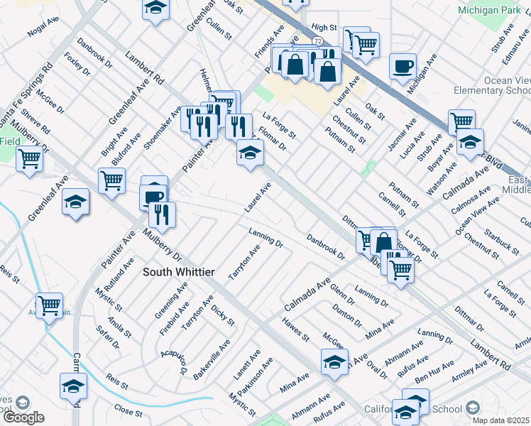 map of restaurants, bars, coffee shops, grocery stores, and more near 13625 Foxley Drive in Whittier