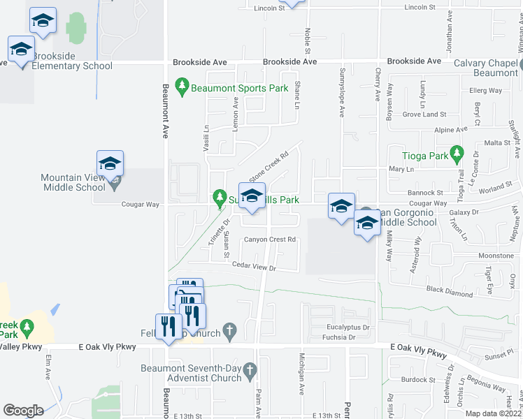 map of restaurants, bars, coffee shops, grocery stores, and more near 672 Weng Star Street in Beaumont